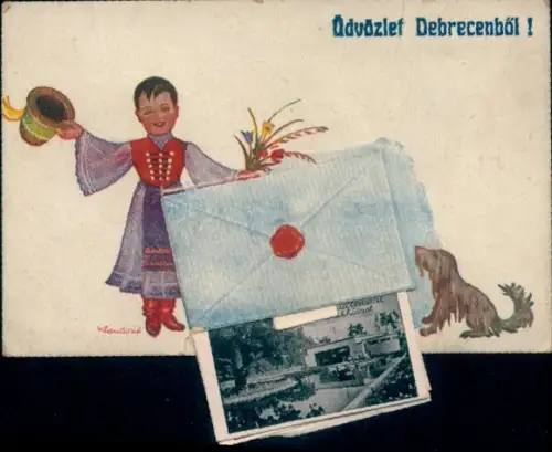 Künstler Leporello Debreczen Debrecen Debrezin Ungarn, Kind in Tracht, Restaurant, Wasserblick