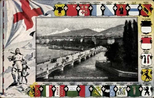 Wappen Passepartout Ak Genève Genf Schweiz, Rousseau Insel und Brücke zum Mont Blanc