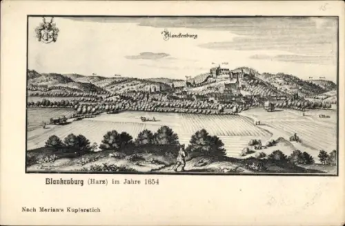 Künstler Ak Merian, Blankenburg im Harz, Panorama im Jahre 1654
