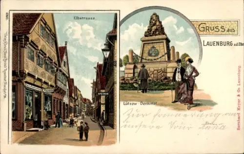 Litho Lauenburg an der Elbe,  Elbstraße, Lützow Denkmal