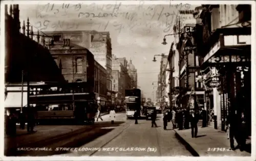 Ak Glasgow Schottland, Sauchiehall Street, Blick nach Westen, Glasgow, Straßenbahn, Busse