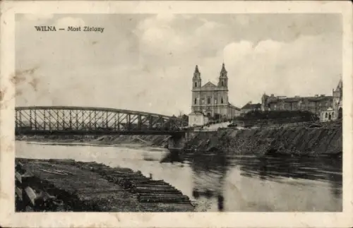 Ak Vilnius Wilna Litauen, Most Zielony, Flusspartie mit Blick auf die Kirche