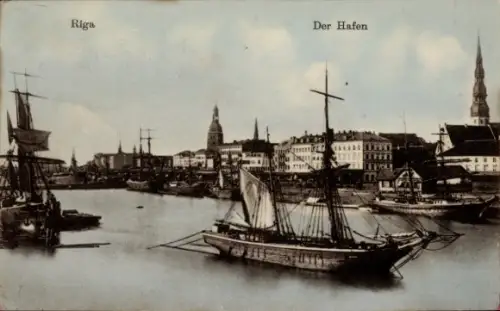 Ak Riga Lettland, Blick auf den Hafen, Segelschiffe