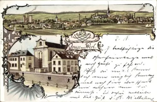 Litho Werl im Kreis Soest Nordrhein Westfalen, Franziskanerkloster, Totalansicht der Ortschaft