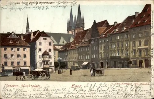 Ak Eger Erlau Ungarn, Unterer Marktplatz,   Gebäude, Pferdefuhrwerke