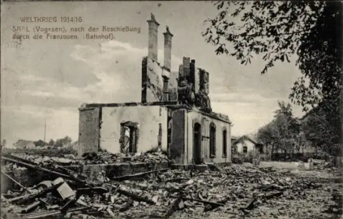 Ak Saales Saal Elsass Bas Rhin, Bahnhof, Kriegszerstörung I. WK