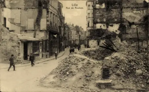 Ak Lille Nord, Rue de Roubaix, Kriegszerstörung I. WK