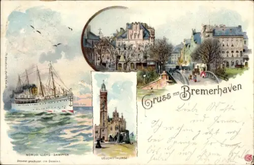 Litho Bremerhaven, Norddeutscher Lloyd Dampfer, Leuchtturm, Uferpartie m. Brücke, Wohnhäuser