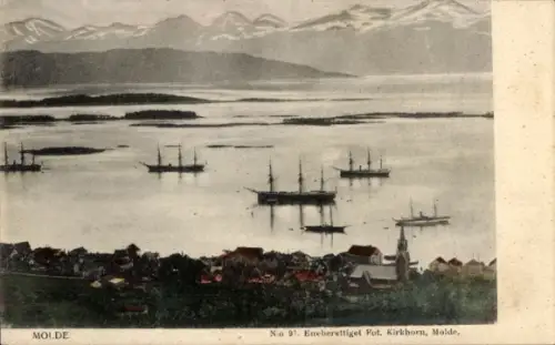 Ak Molde Norwegen,  Hafen mit Segelschiffen, Kirche am Ufer, Schären, Fotograf Kirkhorn