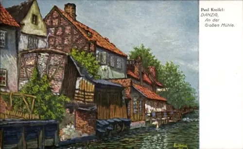 Künstler Ak Danzig, Partie an der großen Mühle,Wohnhaus