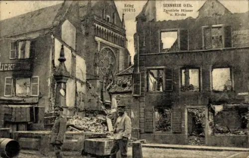 Ak Cernay Sennheim Elsass Haut Rhin, zerstörte Häuser und Kirche, Krieg 1914/15
