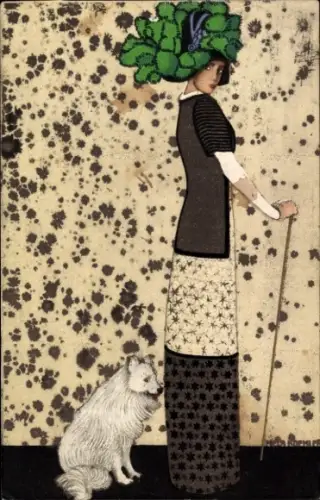 Künstler Ak Mela Köhler, Koehler, Dame mit Hund, Wiener Werkstätte No. 523