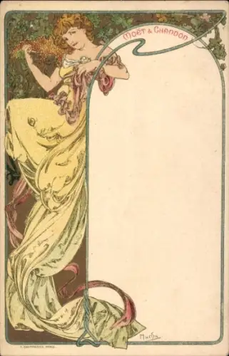 Jugendstil Künstler Ak Alfons Mucha, Moet & Chandon, Dame im gelben Gewand, Weinernte