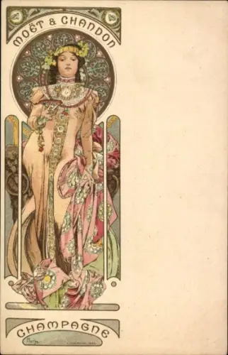 Jugendstil Künstler Ak Alfons Mucha, Moet & Chandon, Champagner, Dame mit Glas