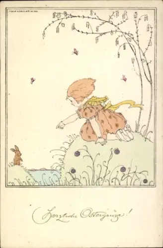 Künstler Ak Mela Köhler, Koehler, Frohe Ostern, Mädchen, Osterhase, Munk Nr. 1181