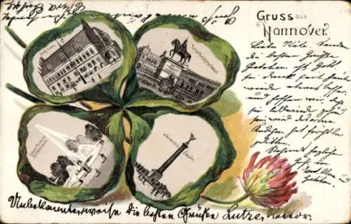 Passepartout Kleeblatt Litho Hannover, Rathaus, Waterloo Säule, große Fontäne, Denkmal