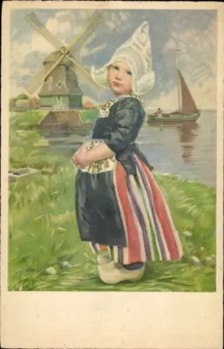 Künstler Ak H. von Schlieben, Antje im Sonntagsstaat, Mädchen in Niederländischer Tracht, Windmühle