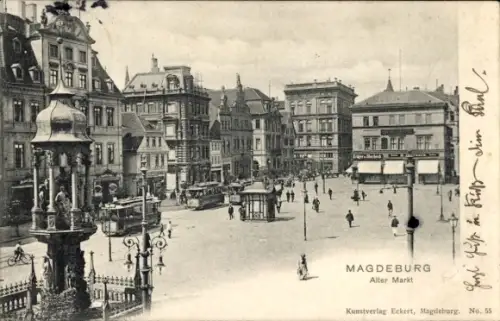 Ak Magdeburg an der Elbe, Magdeburg, Alter Markt, Marktbrunnen, Straßenbahn, Kiosk, Kunstverlag E