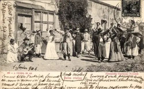 Ak Argentinien, Bailes Criollos, Paartanz, Gitarre, Trachten, Bauern