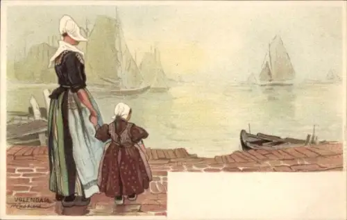 Künstler Litho Cassiers, H., Volendam Nordholland Niederlande, Hafen, Frau und Kind in Tracht
