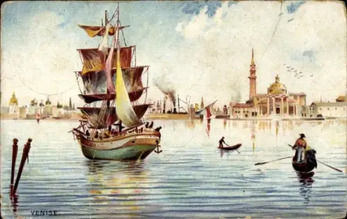 Künstler Ak Chocolat d'Aiguebelle, Blick vom Wasser auf die Stadt, Segelboot