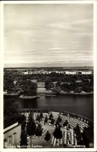 Ak Magdeburg an der Elbe, Blick vom Ausstellungsturm auf den Adolf Mittag See und Cracau
