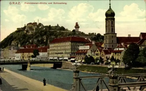 Ak Graz Steiermark, Franziskaner-Kirche und Schlossberg
