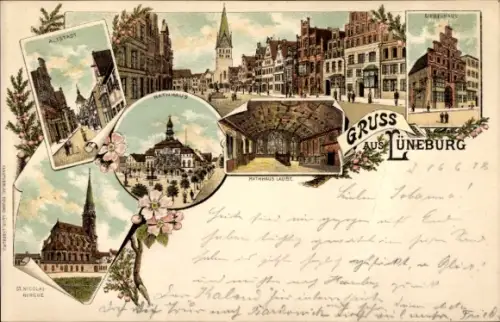 Litho Lüneburg in Niedersachsen, Altstadt, Rathaus, St. Nicolai-Kirche