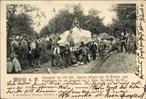 Ak Wœrth sur Sauer Woerth Wörth an der Sauer Elsass Bas Rhin, Transport des schweren Steines