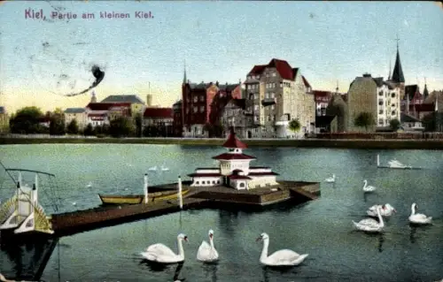 Ak Kiel,  Partie am kleinen Kiel, Wasserfront, Schwäne, historische Gebäude