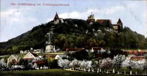 Ak Nowa Wieś Grodziska Neudorf am Gröditzberg Schlesien,  Burg, Kirche am Hang, Obstbaumblüte