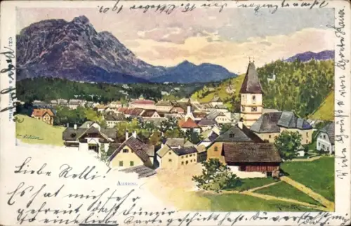 Ak Bad Aussee Steiermark,  Ortsansicht, Kirche mit Turm, Bergpanorama, Bauernhäuser