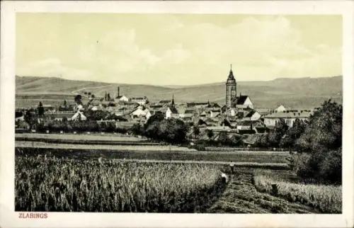 Ak Zlabings Slavonice Südböhmen,  Ortsansicht mit Kirchturm, Feld im Vordergrund