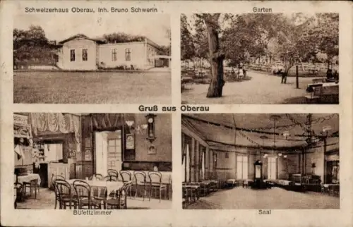 Ak Obora Oberau bei Lubin Schlesien, Schweizerhaus  Inh. Bruno Schwerin, Garten, Büfettzimmer