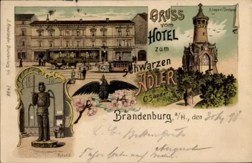 Litho Brandenburg an der Havel, Hotel zum schwarzen Adler, Kriegerdenkmal, Roland