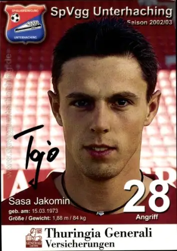 Autogrammkarte Fußballer Sasa Jakomin, SpVgg Unterhaching, Autogramm
