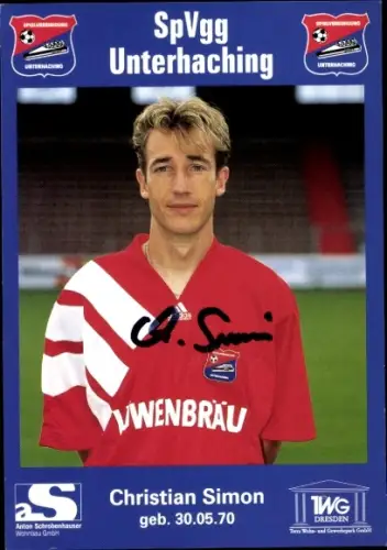 Autogrammkarte Fußballer Christian Simon, SpVgg Unterhaching, Autogramm