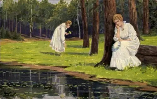 Künstler Ak Mailick, Am Waldteich, junge Frauen