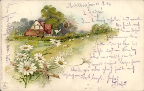 Sonnenschein Litho Landschaftsmotiv, Bauernhaus, Blumen
