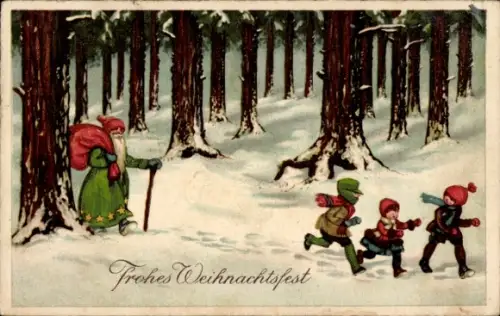 Ak Glückwunsch Weihnachten, Weihnachtsmann, Kinder, Wald, Schnee