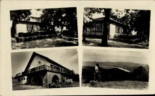 Ak Dobogókő Ungarn, Dobogókő-Turistaház, Touristenhaus mit Steinbogen, Veranda, Panorama mit Wand