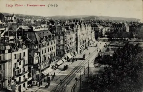 Ak Zürich Stadt Schweiz, 7300 Zürich - Theaterstrasse, Hotel, Straßenansicht mit Tram