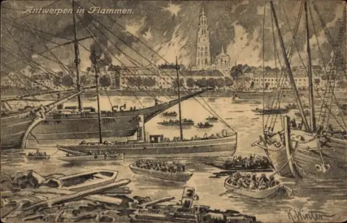 Künstler Ak Anvers Antwerpen Flandern, Stadt in Flammen, I. WK