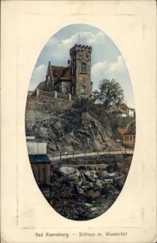 Präge Passepartout Ak Ronneburg in Thüringen, Schloss mit Wasserfall
