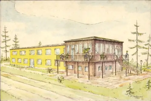 Künstler Ak Weida in Thüringen, Nationales Aufbauwerk 1962, Sportlerheim-Neubau, Roter Hügel