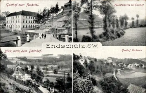 Ak Endschütz in Thüringen, Gasthof zum Fuchstal, Fuchstalpartie, Blick nach dem Bahnhof
