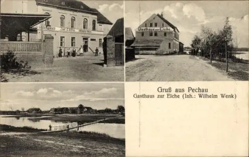 Ak Pechau Magdeburg an der Elbe,  Gasthaus zur Eiche (Inh. Wilhelm Wenk), Dorf- und Uferansichten