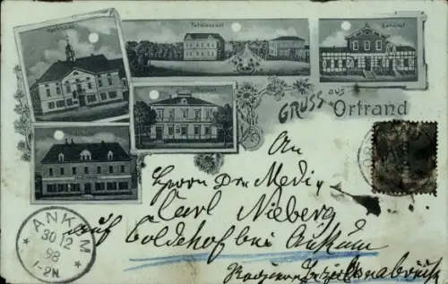 Mondschein Litho Ortrand in der Niederlausitz, Rathaus, Bahnhof, Postamt