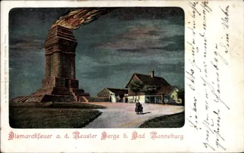 Ak Reust Rückersdorf in Thüringen, Reuster Berg, Bismarcksäule bei Ronneburg, Bismarckfeuer