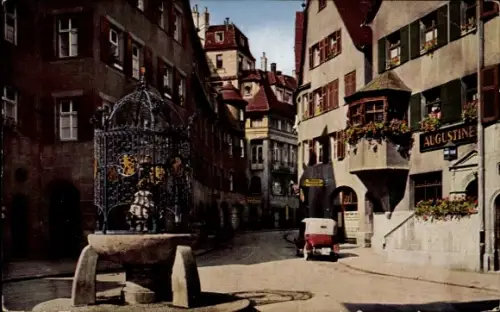 Ak Stuttgart in Baden Württemberg, Hans im Glück Brunnen, Straßenpartie in der Stadt